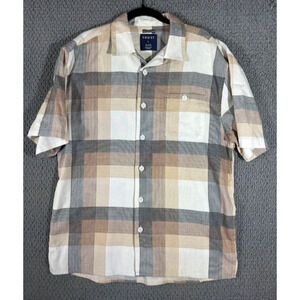 Trust Camp Shirt Plaid Linen Cotton Short Sleeve Button Up Casual Men's Large